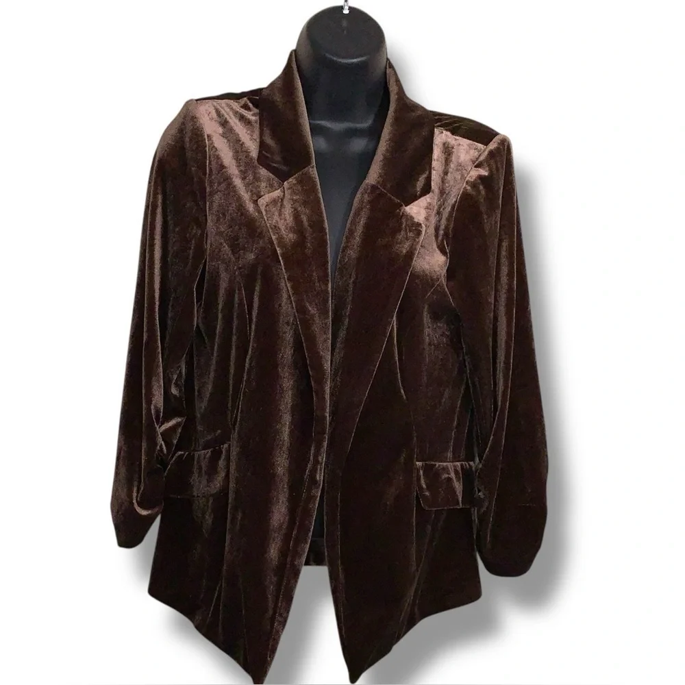 Y2K Era Small Cato Brown Velour Stretch Blazer Ruched 3/4 Length Sleeve